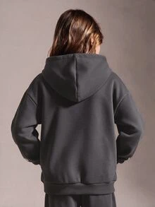 SHEIN 秋冬女童連帽拉鍊夾克－街頭風混搭，保暖針織面料適合寒冷天氣，微寬鬆版型預留成長空間，適合上學與外出，瞬間變身活力少女！ - 深灰色 - 查看 3