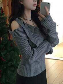 DAZY Women's Grey Cold Shoulder Asymmetric Strap Ribbed Knit Fitted Long Sleeve 2 In 1 Sweater - Dark Grey - View 9
