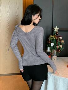 DAZY Women's Grey Cold Shoulder Asymmetric Strap Ribbed Knit Fitted Long Sleeve 2 In 1 Sweater - Dark Grey - View 2