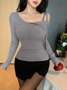 DAZY Women's Grey Cold Shoulder Asymmetric Strap Ribbed Knit Fitted Long Sleeve 2 In 1 Sweater - Dark Grey - View 5
