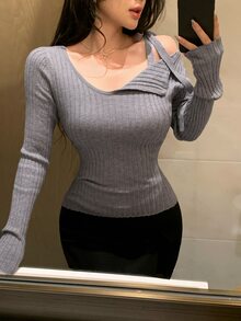 DAZY Women's Grey Cold Shoulder Asymmetric Strap Ribbed Knit Fitted Long Sleeve 2 In 1 Sweater - Dark Grey - View 6