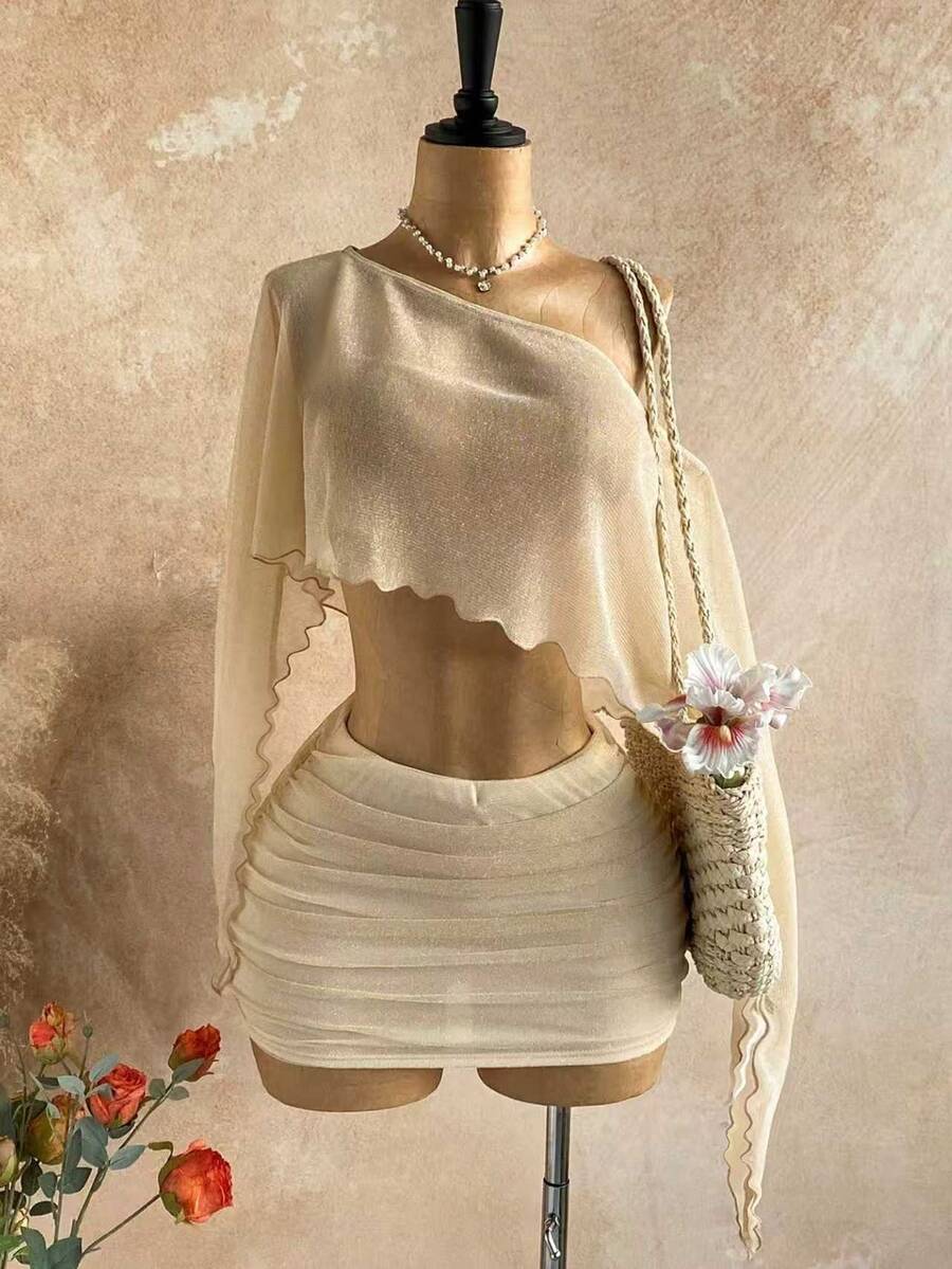 Soleia Gold Sequin Sheer Asymmetric Shoulder Loose Hem Top And Low Waist Ruched Mini Skirt Set,Beige,Summer,Casual,Holiday,Vacation,Bohemian Boho Beach