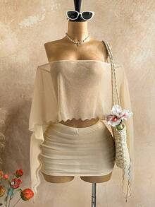 Soleia Gold Sequin Sheer Asymmetric Shoulder Loose Hem Top And Low Waist Ruched Mini Skirt Set,Beige,Summer,Casual,Holiday,Vacation,Bohemian Boho Beach - Gold - View 4