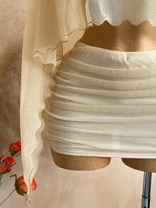 Soleia Gold Sequin Sheer Asymmetric Shoulder Loose Hem Top And Low Waist Ruched Mini Skirt Set,Beige,Summer,Casual,Holiday,Vacation,Bohemian Boho Beach - Gold - View 7