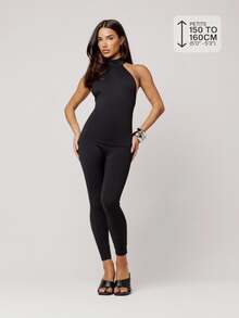 Musera Petite Black High Neck Fitted Bodycon Capri Jumpsuit Autumn Winter Daily Everyday Going Out Occasion - Black - View 1
