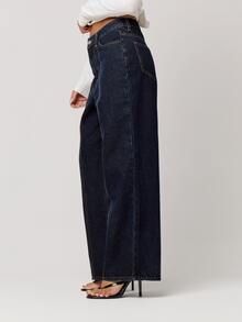 Musera Petite بنطلون جينز دنيم بغسيل داكن وساق واسعة مع خياطة مزدوجة على الحافة الأمامية، مناسب للخريف والشتاء والعودة إلى المدرسة والاستخدام اليومي - الأزرق - مشاهدة 5
