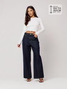 Musera Petite Dark Wash Denim Wide Leg Double Stitch Seam Front Jeans Bottoms Fall Autumn Winter Back To School Daily Everyday - Blue - View 1