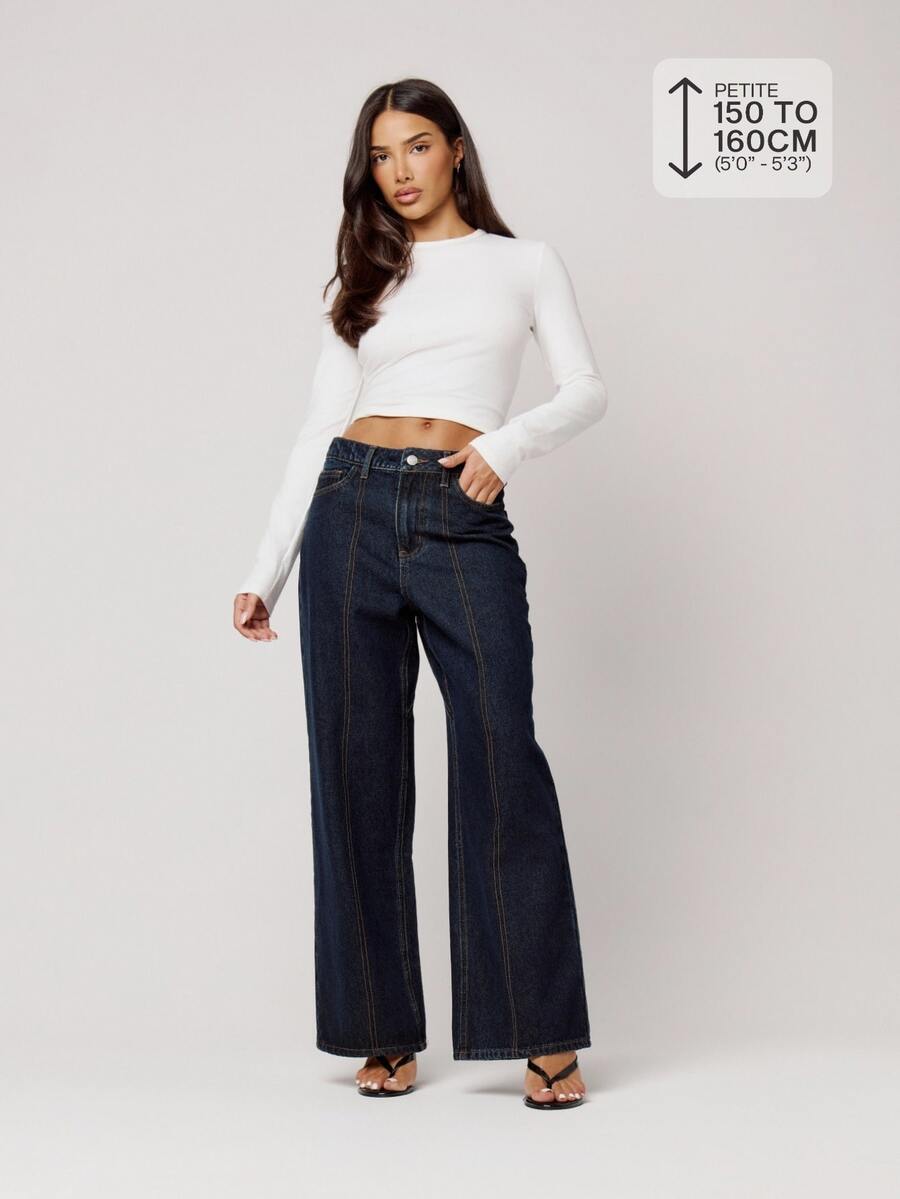 Musera Petite Dark Wash Denim Wide Leg Double Stitch Seam Front Jeans Bottoms Fall Autumn Winter Back To School Daily Everyday - Blue - View 1