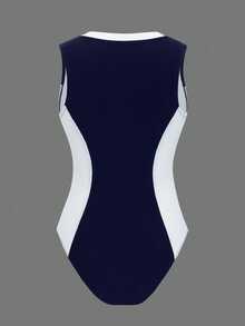 Swim SPRTY Women's Contrast Color Patchwork Round Neck Sleeveless Zipper Decor One-Piece Swimsuit For Beach Vacation - Navy Blue - View 5
