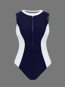 Swim SPRTY Women's Contrast Color Patchwork Round Neck Sleeveless Zipper Decor One-Piece Swimsuit For Beach Vacation - Navy Blue - View 4