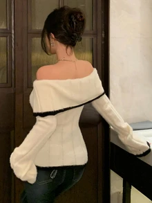 DAZY Contrast Color Patchwork Off-Shoulder Turn-Down Collar Slim Fit Sexy Flare Sleeve Knit Sweater For Women Y2k - White - View 7