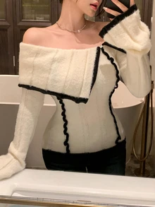 DAZY Contrast Color Patchwork Off-Shoulder Turn-Down Collar Slim Fit Sexy Flare Sleeve Knit Sweater For Women Y2k - White - View 10