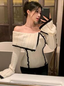 DAZY Contrast Color Patchwork Off-Shoulder Turn-Down Collar Slim Fit Sexy Flare Sleeve Knit Sweater For Women Y2k - White - View 2