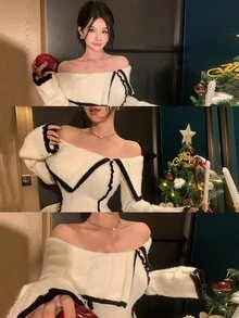 DAZY Contrast Color Patchwork Off-Shoulder Turn-Down Collar Slim Fit Sexy Flare Sleeve Knit Sweater For Women Y2k - White - View 8