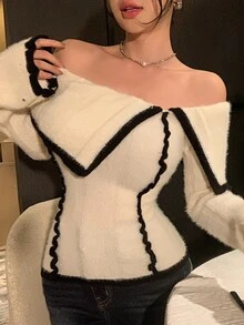 DAZY Contrast Color Patchwork Off-Shoulder Turn-Down Collar Slim Fit Sexy Flare Sleeve Knit Sweater For Women Y2k - White - View 6