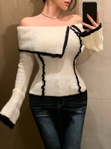 DAZY Contrast Color Patchwork Off-Shoulder Turn-Down Collar Slim Fit Sexy Flare Sleeve Knit Sweater For Women Y2k - White - View 3