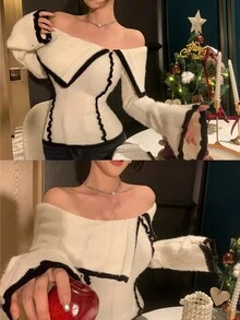 DAZY Contrast Color Patchwork Off-Shoulder Turn-Down Collar Slim Fit Sexy Flare Sleeve Knit Sweater For Women Y2k - White - View 1
