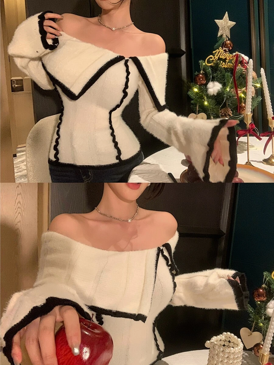DAZY Contrast Color Patchwork Off-Shoulder Turn-Down Collar Slim Fit Sexy Flare Sleeve Knit Sweater For Women Y2k - White - View 1