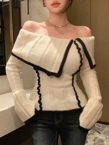 DAZY Contrast Color Patchwork Off-Shoulder Turn-Down Collar Slim Fit Sexy Flare Sleeve Knit Sweater For Women Y2k - White - View 4