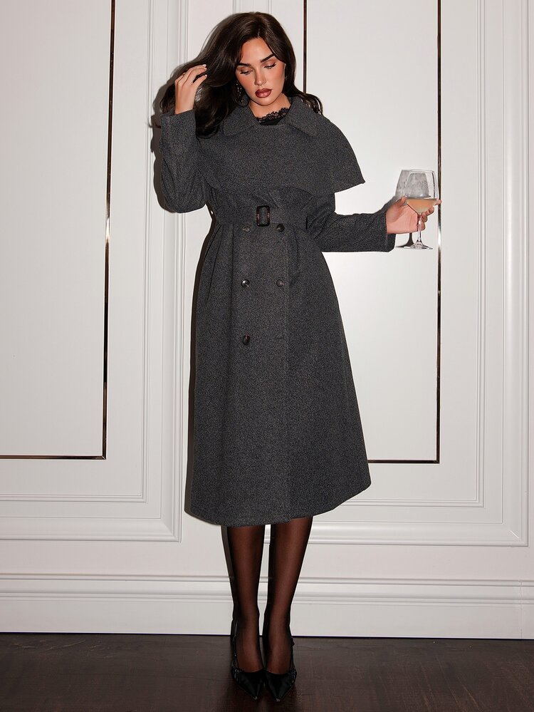 Allurite Women's Long Elegant Commuter Wool Coat Office Dark Grey Winter - Dark Grey - View 7