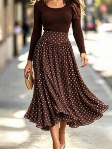SHEIN Rok Wanita Motif Polkadot Kasual Serbaguna untuk Pemakaian Sehari-hari - Coklat - View 2