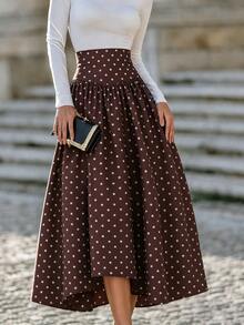 SHEIN Rok Wanita Motif Polkadot Kasual Serbaguna untuk Pemakaian Sehari-hari - Coklat - View 7