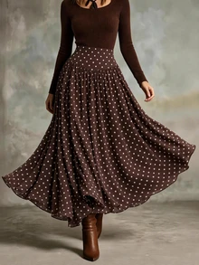 SHEIN Rok Wanita Motif Polkadot Kasual Serbaguna untuk Pemakaian Sehari-hari - Coklat - View 5