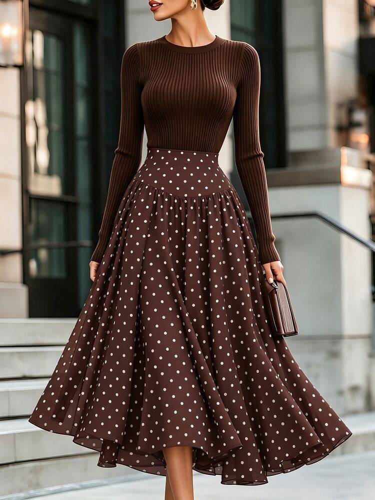 SHEIN Women's Polka Dot Casual Versatile Daily Wear Skirt - Brown - View 5