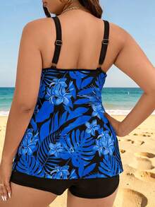 SHEIN Swim Curve Plus Size Women's Summer Beach Tropical Plant Printed Tankini Set For Vacation - Multicolor - View 3