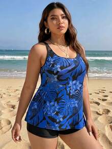 SHEIN Swim Curve Plus Size Women's Summer Beach Tropical Plant Printed Tankini Set For Vacation - Multicolor - View 2