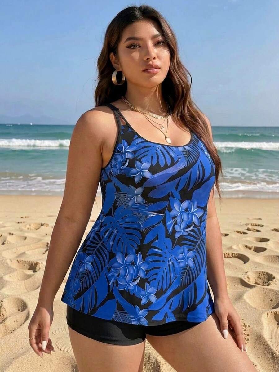 SHEIN Swim Curve Plus Size Women's Summer Beach Tropical Plant Printed Tankini Set For Vacation