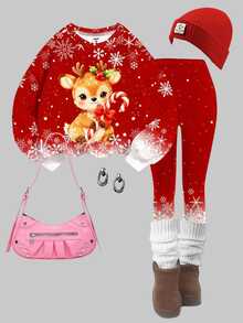 Tween Girls Casual Cute Fun Cartoon Christmas Reindeer Pattern, Gradient Snowflake, Christmas Red, Crew Neck Sweatshirt And Elastic Waist Long Pants Set, Suitable For Autumn/Winter With Fleece Lining, Fall Style, Fall Outfits, Fall Sets, Christmas - Multicolor - View 2
