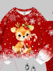 Tween Girls Casual Cute Fun Cartoon Christmas Reindeer Pattern, Gradient Snowflake, Christmas Red, Crew Neck Sweatshirt And Elastic Waist Long Pants Set, Suitable For Autumn/Winter With Fleece Lining, Fall Style, Fall Outfits, Fall Sets, Christmas - Multicolor - View 4