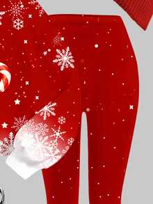 Tween Girls Casual Cute Fun Cartoon Christmas Reindeer Pattern, Gradient Snowflake, Christmas Red, Crew Neck Sweatshirt And Elastic Waist Long Pants Set, Suitable For Autumn/Winter With Fleece Lining, Fall Style, Fall Outfits, Fall Sets, Christmas - Multicolor - View 6