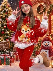 Tween Girls Casual Cute Fun Cartoon Christmas Reindeer Pattern, Gradient Snowflake, Christmas Red, Crew Neck Sweatshirt And Elastic Waist Long Pants Set, Suitable For Autumn/Winter With Fleece Lining, Fall Style, Fall Outfits, Fall Sets, Christmas - Multicolor - View 1