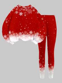 Tween Girls Casual Cute Fun Cartoon Christmas Reindeer Pattern, Gradient Snowflake, Christmas Red, Crew Neck Sweatshirt And Elastic Waist Long Pants Set, Suitable For Autumn/Winter With Fleece Lining, Fall Style, Fall Outfits, Fall Sets, Christmas - Multicolor - View 3