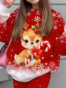 Tween Girls Casual Cute Fun Cartoon Christmas Reindeer Pattern, Gradient Snowflake, Christmas Red, Crew Neck Sweatshirt And Elastic Waist Long Pants Set, Suitable For Autumn/Winter With Fleece Lining, Fall Style, Fall Outfits, Fall Sets, Christmas - Multicolor - View 5