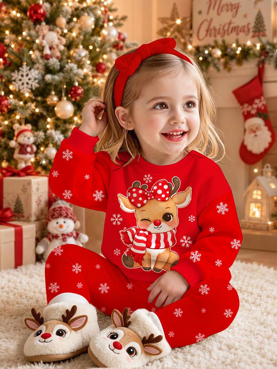 聖誕快樂 女嬰休閒可愛卡通聖誕馴鹿圖案 波點雪花 聖誕紅節慶保暖加厚內裡圓領長袖運動衫與內搭褲套裝 適合秋冬 秋季穿搭 舒適保暖 - 彩色 - 查看 1