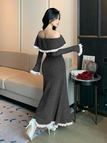 DAZY Dark Gray Off-Shoulder Contrast White Trim Rose Jacquard Fitted Long Sleeve Elegant Knit Sweater Dress - Light Grey - View 2