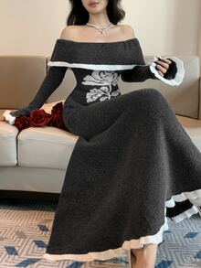 DAZY Dark Gray Off-Shoulder Contrast White Trim Rose Jacquard Fitted Long Sleeve Elegant Knit Sweater Dress - Light Grey - View 1