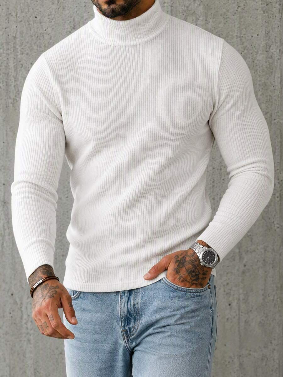 Manfinity Homme 男士素色立領長袖羅紋休閒T恤 - 白色 - 查看 1