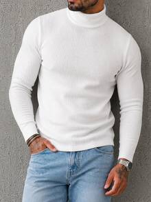 Manfinity Homme 男士素色立領長袖羅紋休閒T恤 - 白色 - 查看 5