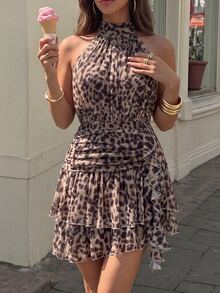 NOVVYNE Women's Leopard Print Ruffle Collar Sleeveless Mini Dress Holiday Brown Party Club Summer Sexy - Multicolor - View 2