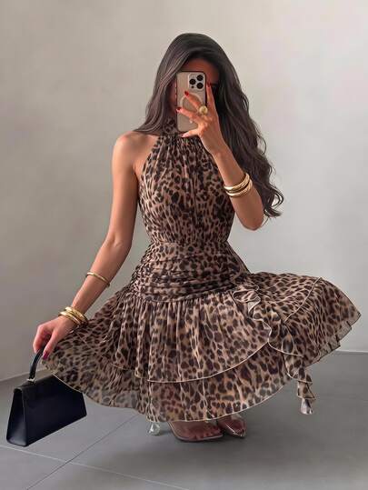 NOVVYNE Women's Leopard Print Ruffle Collar Sleeveless Mini Dress Holiday Brown Party Club Summer Sexy