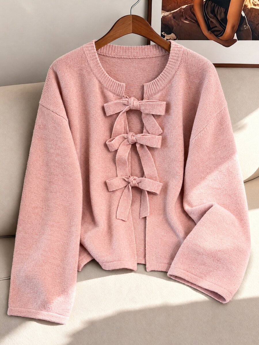 GlowEve CURVE Plus Size Women's Round Neck Pink Bow Fashion Versatile Autumn/Winter Knit Cardigan Sweater Jacket Fall Winter 2026 - Pink - View 1