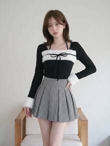 FRIFUL 女款蝴蝶結裝飾對比色長袖時尚可愛T恤，秋季日常約會穿搭，黑白配色可愛風 - 黑色 - 查看 4