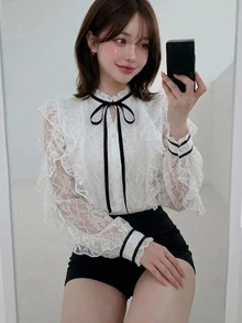 FRIFUL Women's Lace Patchwork Ruffle Tie Neck Long Sleeve Elegant Romantic Blouse Wedding Brunch Tea Party Date Night Out White Floral Autumn Cute Tops - Grey - View 5