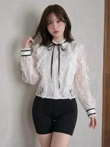 FRIFUL Women's Lace Patchwork Ruffle Tie Neck Long Sleeve Elegant Romantic Blouse Wedding Brunch Tea Party Date Night Out White Floral Autumn Cute Tops - Grey - View 2