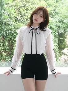 FRIFUL Women's Lace Patchwork Ruffle Tie Neck Long Sleeve Elegant Romantic Blouse Wedding Brunch Tea Party Date Night Out White Floral Autumn Cute Tops - Grey - View 4