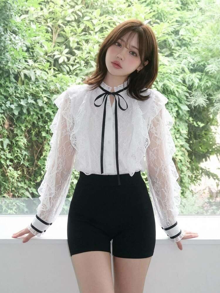 FRIFUL Women's Lace Patchwork Ruffle Tie Neck Long Sleeve Elegant Romantic Blouse Wedding Brunch Tea Party Date Night Out White Floral Autumn Cute Tops - Grey - View 4